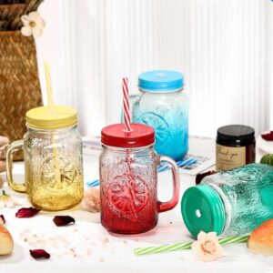 colorful glass mason jar mugs with handles, lids, and reusable straws